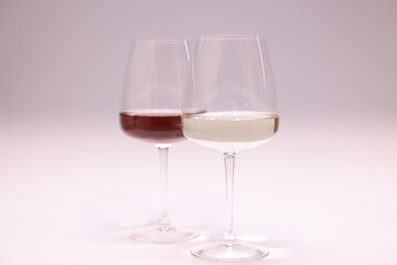 Pink and white glasses for tasting with friends. close view