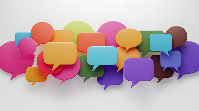 Vibrant Cluster of Diverse Colorful Speech Bubbles. A collection of glossy, colorful speech bubbles in various shapes and sizes overlap against a clean, light background, symbolizing communication.