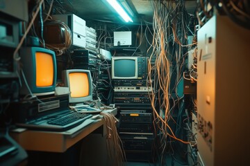 Old cluttered computer room with obsolete technology