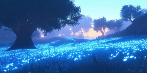 Vibrant landscape at twilight with glowing blue flowers and silhouettes of trees in a serene natural setting
