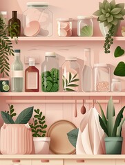 Aesthetic shelf filled with jars, plants, and natural ingredients for a serene vibe.