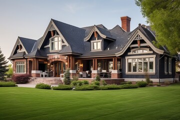 Fototapeta premium Luxury house exterior with brick and siding. House in the park