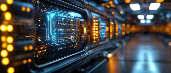 Fototapeta premium futuristic server room with glowing screens and lights
