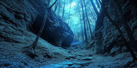 Serene forest canyon with vibrant blue light shining through the trees during a peaceful afternoon
