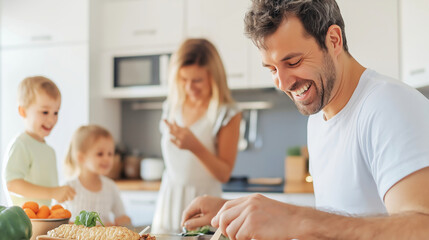 Happy family preparing healthy food in modern kitchen