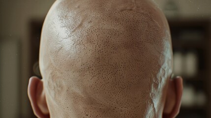 Naklejka premium Closeup of a bald head showing hair loss and scalp texture in soft light.