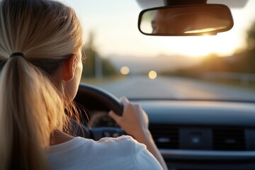 Fototapeta premium A woman drives her car while enjoying a stunning sunset, symbolizing freedom and the joy of the open road, perfect for travelers and adventure seekers alike.