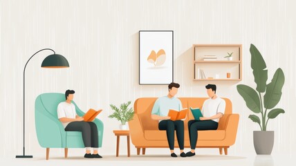 Fototapeta premium Cozy living room scene with two men reading and one relaxing, surrounded by plants and modern decor.