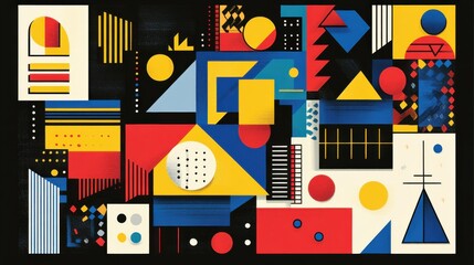 Abstract geometric designs with vibrant postmodern symbols and deconstructed shapes, ideal for high-tech prints and poster art