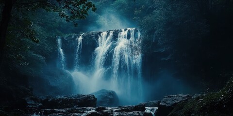 Cascading waterfall surrounded by lush greenery in a misty forest setting during early morning hours
