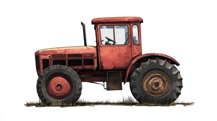 Fototapeta premium Vintage Red Farm Tractor Illustration Powerful Agricultural Machinery Rustic Style Detailed Drawing of Old Tractor Equipment for Rural Theme Design 