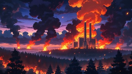Fototapeta premium Industrial factory Intense and Realistic Fantasy Artwork of a Raging Forest Fire Sweeping Through the Wilderness at Dusk