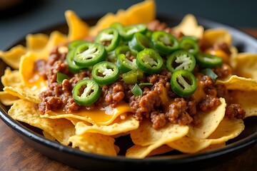 Fototapeta premium Loaded nachos with ground beef, melted cheese, and sliced jalapeños on black plate.