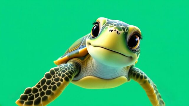 Cute cartoon turtle swimming joyfully in a vibrant green ocean, showcasing underwater life