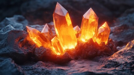 Glowing Orange Crystals on Dark Rocky Surface in Magical Environment