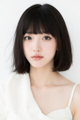 Female Asian Model with Short Hair - Young Beautiful Woman with Bob Haircut - Studio Portrait of Asian Beauty for Fashion, Cosmetic, Skincare - Posing on White Background - Smooth Hair
