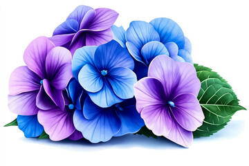 A bunch of blue and purple flowers with green leaves