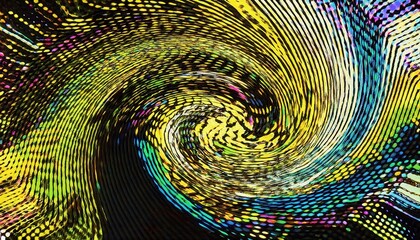 psychedelic digital swirl with halftone pattern and vibrant yellow waves, abstract fluid motion for futuristic design and art

