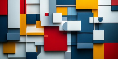 Abstract arrangement of various colored shapes in a geometric style