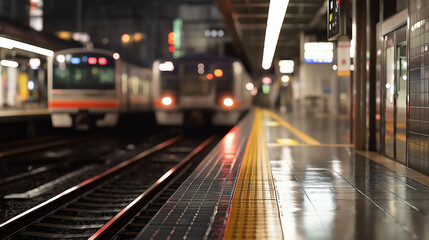 Empty train station platform with approaching train at night