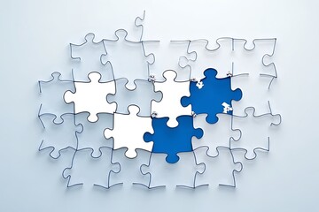 Puzzle pieces, some filled blue and white, construct incomplete arrangement on pale backdrop.