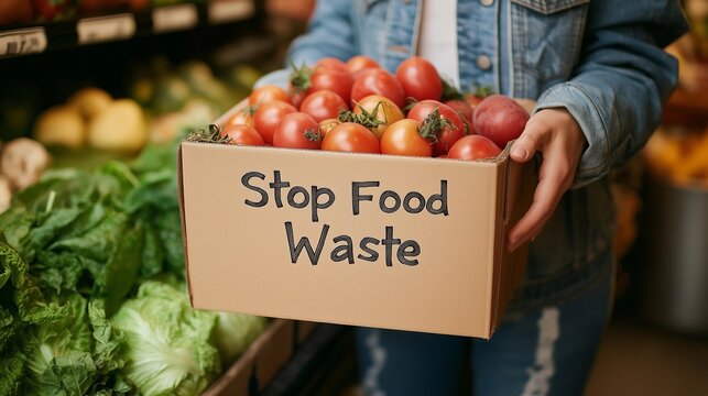A person in a grocery store holds a box filled with fresh vegetables labeled "Stop Food Waste," promoting mindful shopping and sustainability awareness