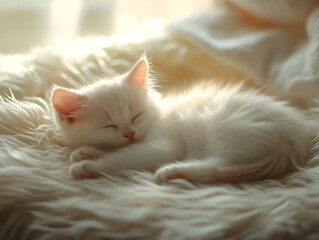 Obraz premium Cute White Kitten Sleeping Peacefully on a Fluffy Bed