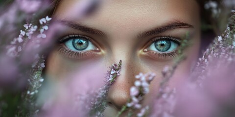 Close-up of a young woman&rsquo;s expressive eyes framed by blooming purple flowers in a natural setting during daylight