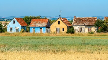 Obraz premium Rustic Old Houses in a Wheat Field Summer Landscape
