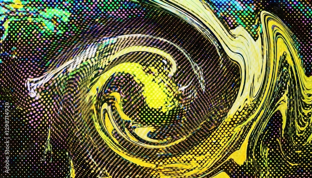 Poster psychedelic digital swirl with halftone pattern and vibrant yellow waves, abstract fluid motion for futuristic design and art

