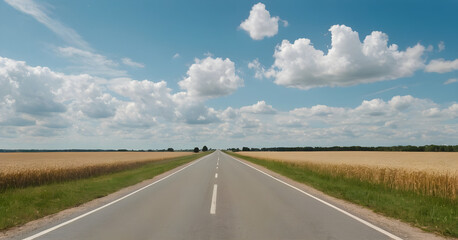 Fototapeta premium Straight asphalt road passing through wheat fields under blue sky with cumulus clouds in summertime
