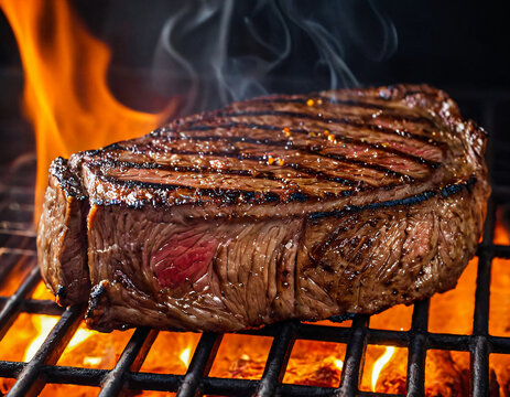 Grilled Steak with Crosshatch Marks and Smoky Flames