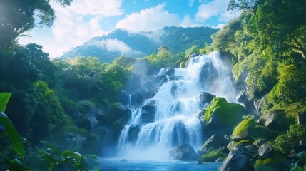 Cascading Paradise: A majestic waterfall plunges into a serene pool, surrounded by vibrant green foliage and misty mountains, capturing the raw beauty and tranquility of nature.