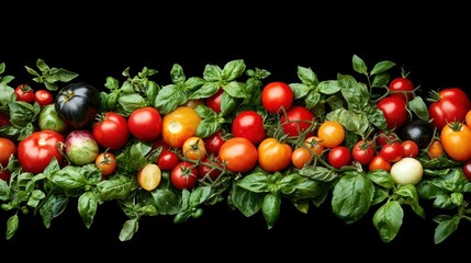 Vibrant Tomato and Basil Display: A colorful array of ripe tomatoes and fresh basil leaves, creating a visually appealing arrangement that celebrates the beauty and abundance of nature's harvest. 