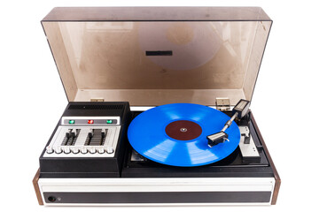 Fototapeta premium Vintage turntable record player with blue vinyl isolated on white background.