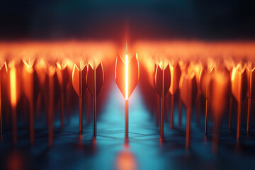 Merging arrows creating a unified beam of light in an abstract scene teamwork and shared success concept digital art inspirational environment dynamic viewpoint