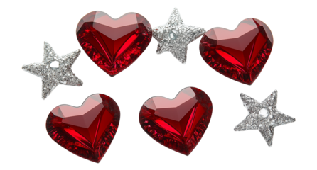 5 different crystal-red and silver heart-shaped stickers in the shape of stars on a transparent background.