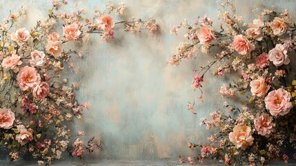Maternity backdrop with soft pastel flowers, vintage wall, gentle lighting, serene and elegant background for capturing special moments in pregnancy photography