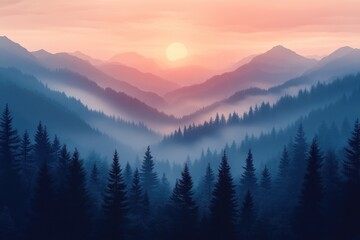Majestic Mountain Sunrise with Misty Valleys and Pine Forests Capturing Tranquil Natural Beauty and Vibrant Colors of a Serene Landscape