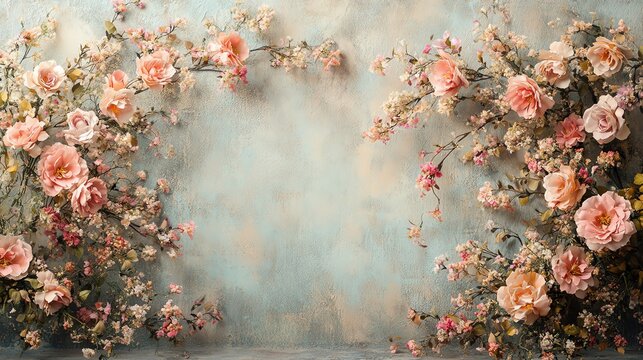 Maternity backdrop with soft pastel flowers, vintage wall, gentle lighting, serene and elegant background for capturing special moments in pregnancy photography