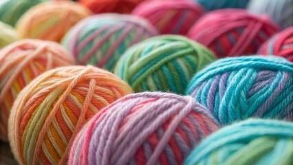 Bright and cheerful display of wool balls in rainbow colors, ideal for illustrating knitting, crochet, and DIY projects