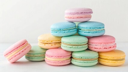 A colorful stack of pastel macarons arranged in a pyramid shape against a white background, perfect for dessert and bakery themes