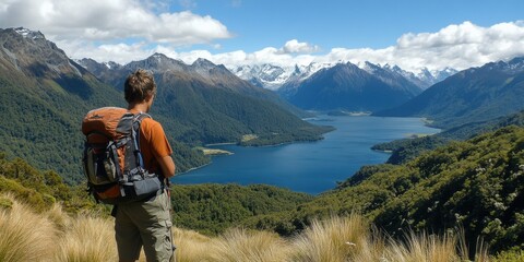 Hiker enjoys breathtaking view of fjord and snow-capped peaks in New Zealand during a sunny afternoon trek