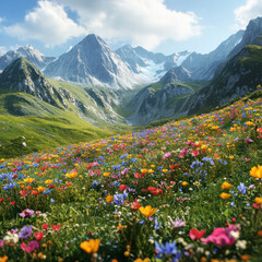 Fototapeta premium A high-altitude plateau covered in colorful alpine flowers, dramatic mountain backdrop, bright clear sky, rich crisp textures, ultra-detailed photography. 