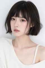 Female Asian Model with Short Hair - Young Beautiful Woman with Bob Haircut - Studio Portrait of Asian Beauty for Fashion, Cosmetic, Skincare - Posing on White Background - Smooth Hair