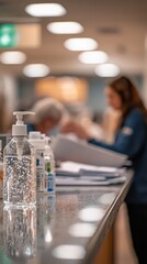 Obraz premium Hand sanitizer dispenser at hospital reception with patient assistance