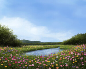 Tranquil river valley views. serene river valley in spring, adorned with colorful wildflowers and lush greenery, evokes sense of tranquility and beauty