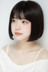 Female Asian Model with Short Hair - Young Beautiful Woman with Bob Haircut - Studio Portrait of Asian Beauty for Fashion, Cosmetic, Skincare - Posing on White Background - Smooth Hair