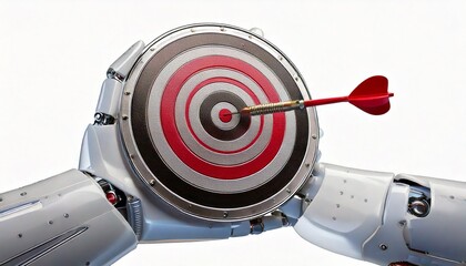 a robot arm holding a target with a dart that hits the center of the target