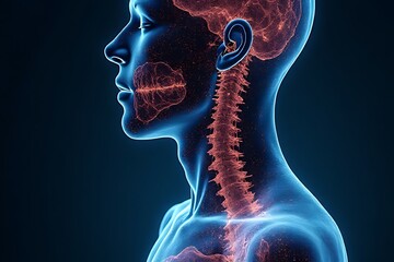 3D rendering displays the human anatomy, showcasing the brain and spinal cord.